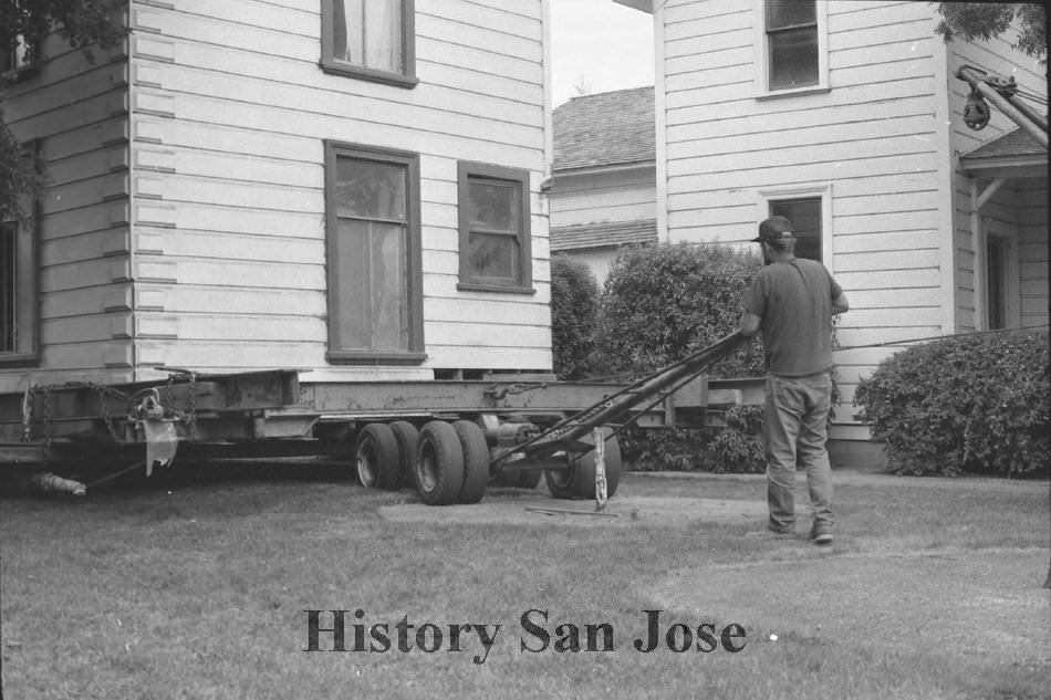 Zanker House move. Moving on to the Museum Grounds, house being pivoted, 1986
