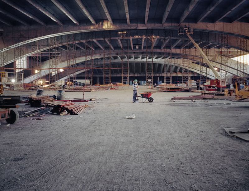 Man with wheelbarrow, Moscone Center, 1980