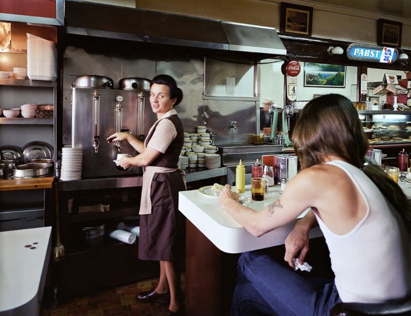 Pat serving coffee at the Gordon Cafe, 7th at Mission Street, 1980