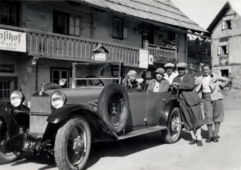 A company of five posing with a Steyr XII in front of a timber house, somewhere in rural Austria, 1928