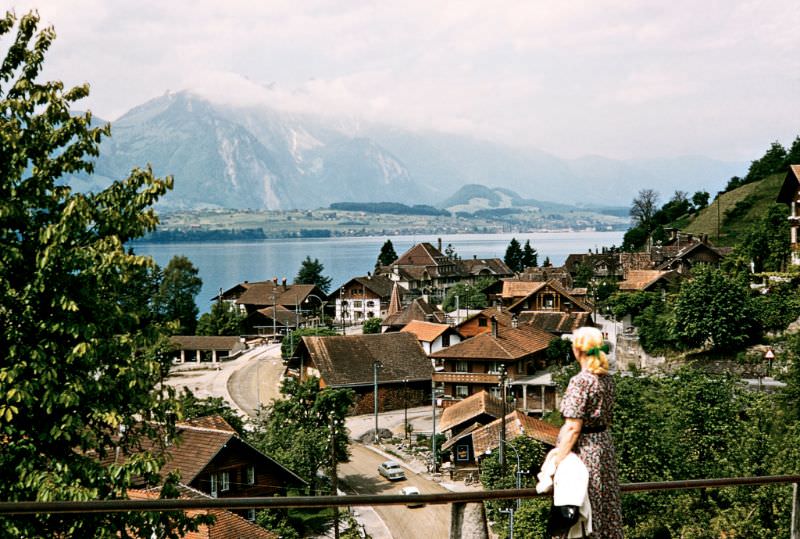 View from Guntenstutz across Thunersee (Lake Thun) towards Spiez, Gunten, Switzerland