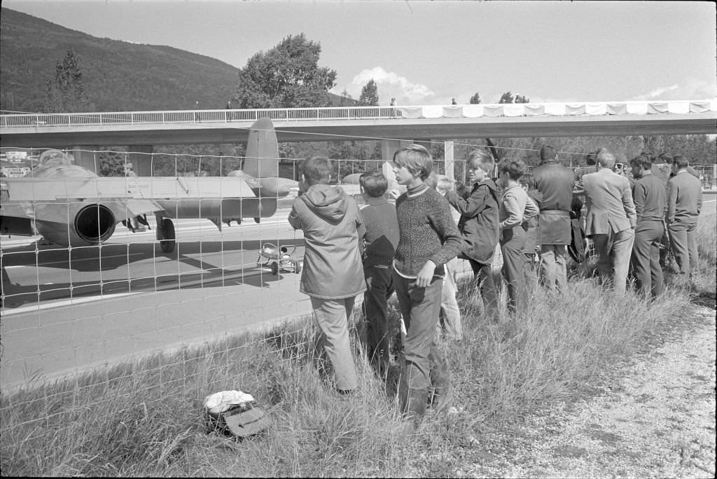 Military jets landed on Highway N1, spectators near Oensingen, 1970