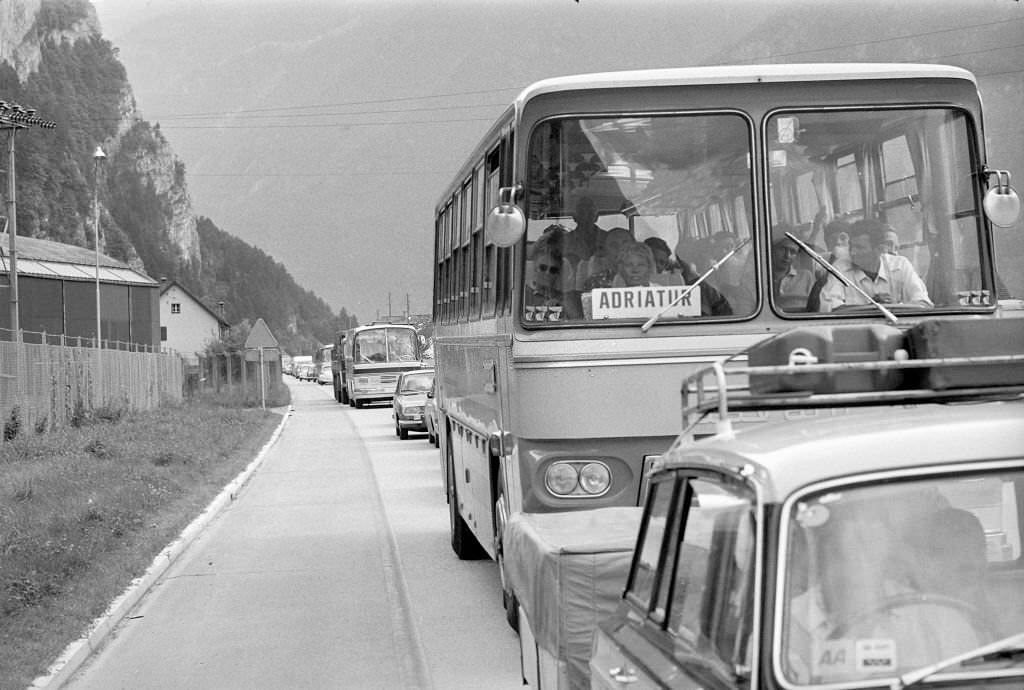 Traffic jam, St. Gotthard, 1st of august 1970