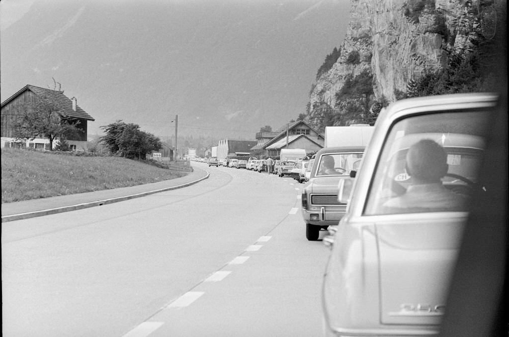 Traffic jam, St. Gotthard, 1st of august 1970