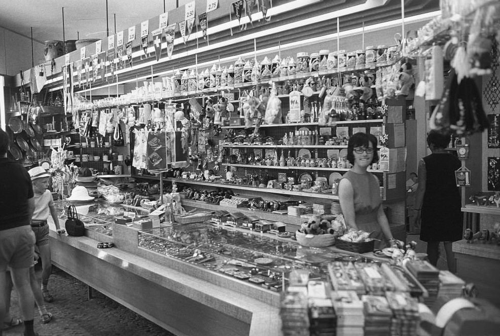 Tourists in souvenir shop, Schaffhausen 1970