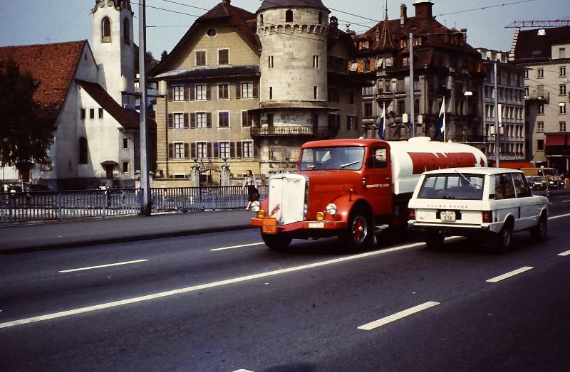 Brenntag chemical tanker on the Seebrücke, and a Range Rover, Lucerne, 1979