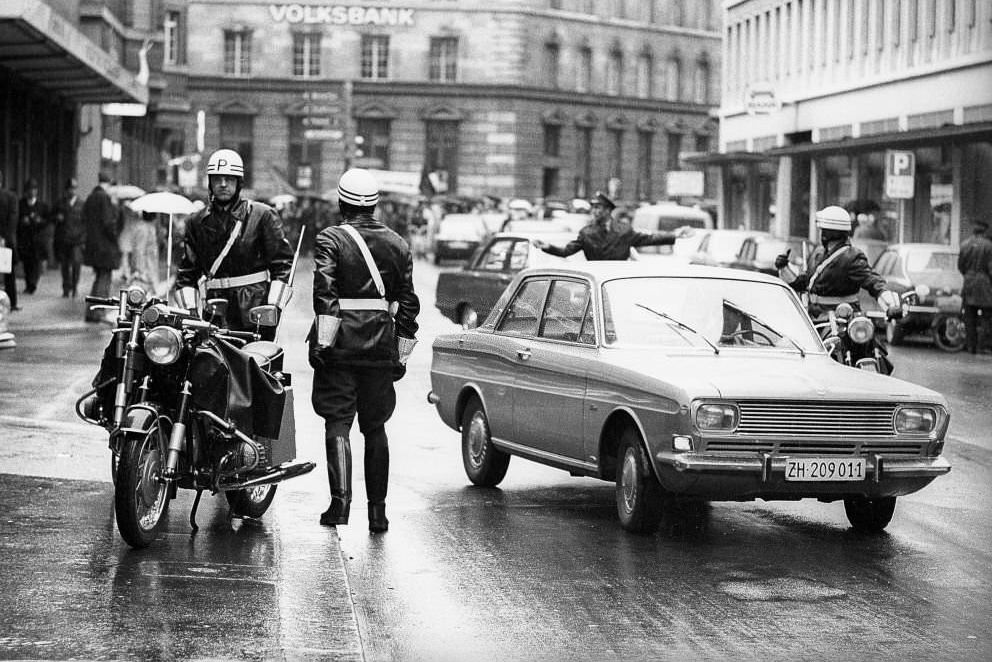 Policemen with motocycles escorting the demonstration, Zurich 1970