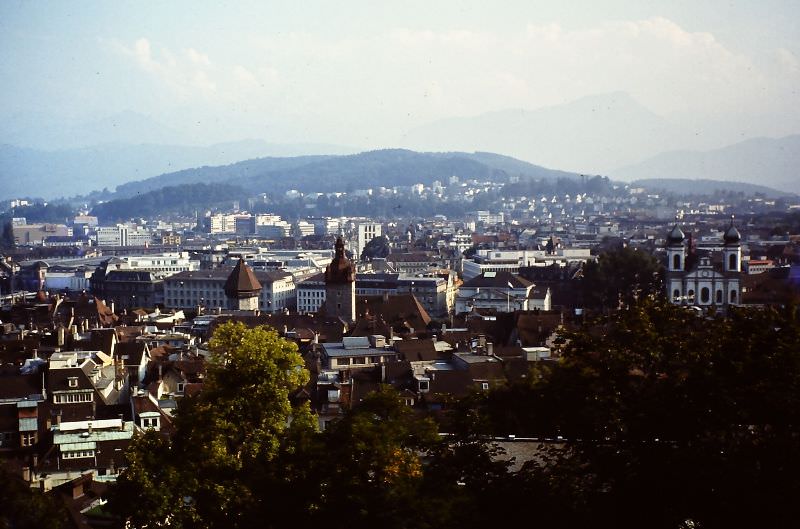 Jesuitenkirche (right), Rathaus (Town Hall) (center), and tower of Kapellbrücke, Lucerne, 1979