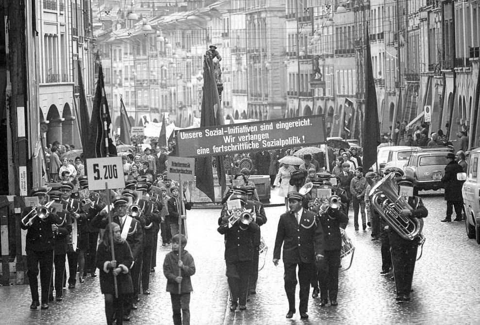 Brass band at May 1 move in Bern, 1970
