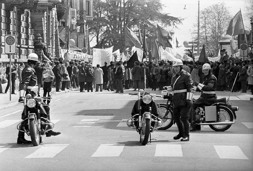 Policemen with motor cycles at May Day demonstration, 1970
