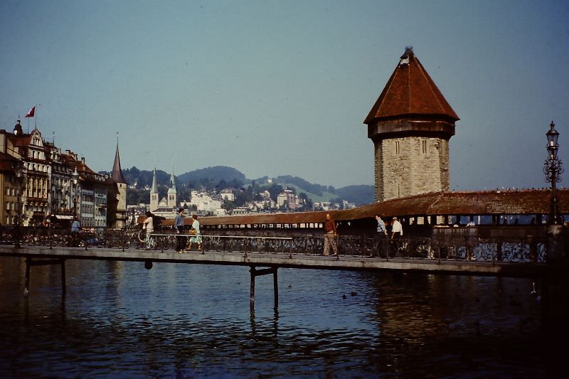Reuss with Kapellbrücke and Rathaussteg (bridge on foreground), Lucerne, 1979