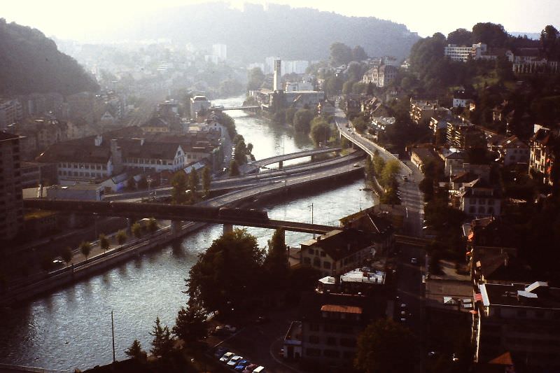 River Reuss with railway bridge, Lucerne, 1979