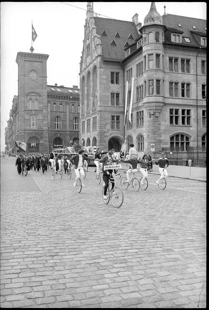 Cyclists in front of Stadthaus: May Day rally, Zurich 1971