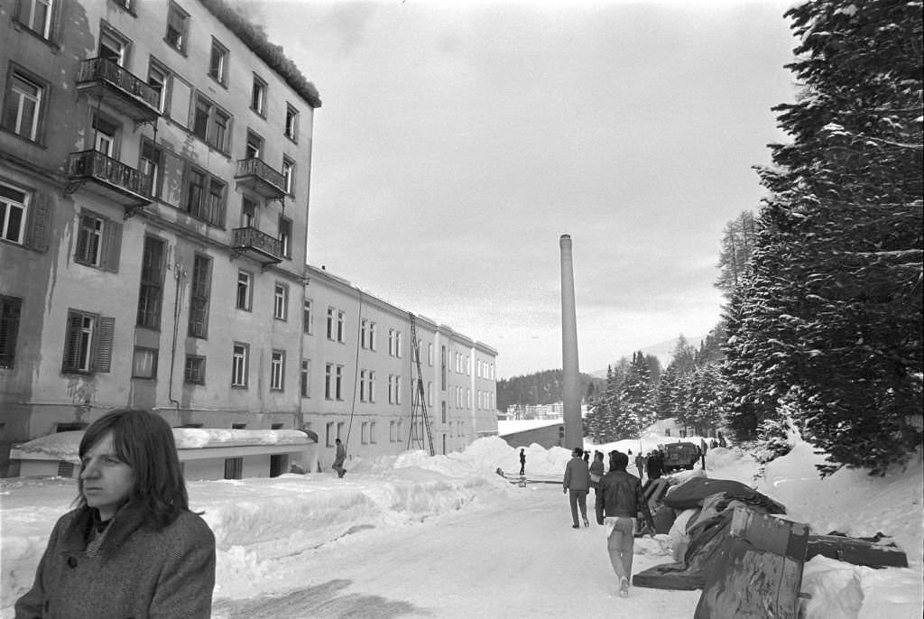 Ice after fire in the hotel, St. Moritz 1971