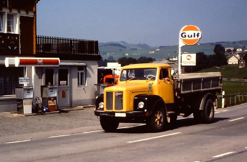 Scania dumper and Gulf petrol station near Appenzell, 1979
