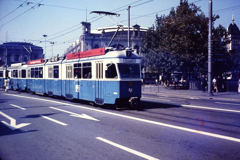 Hauptbahnhof and tram 7 to Seebach, Zürich, 1979