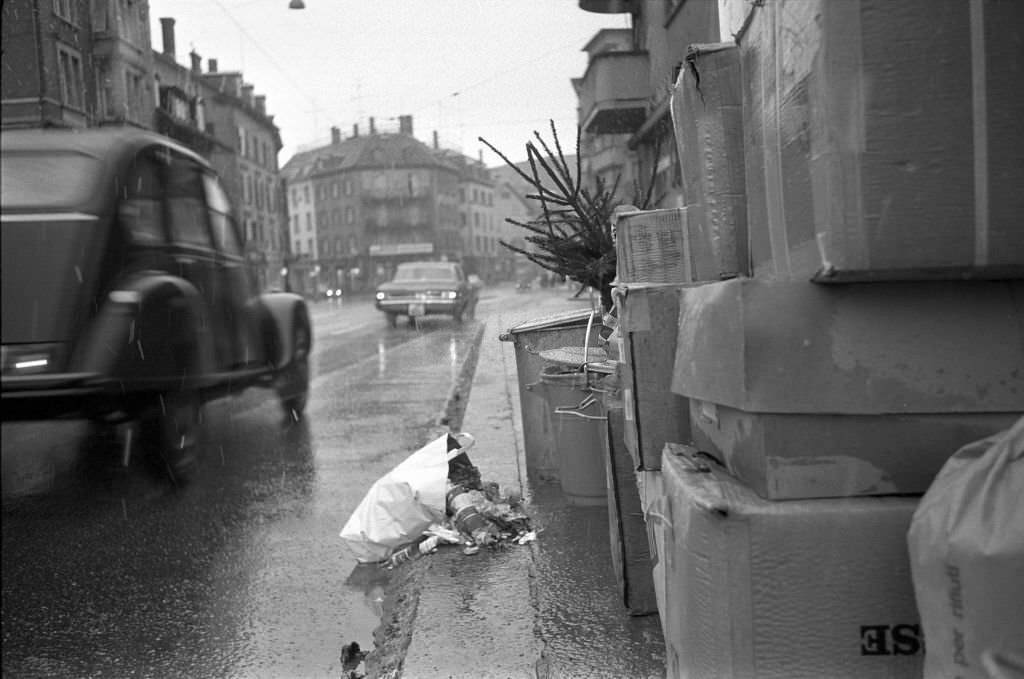 Christmas tree near rubbish bins, january 1970