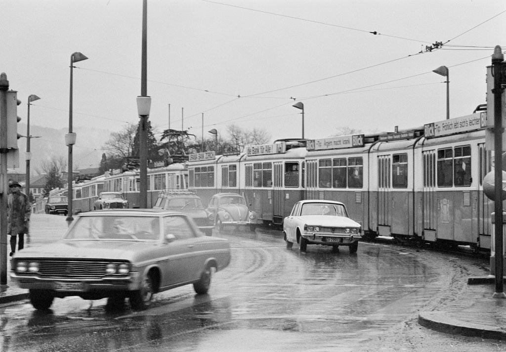 Tramway traffic jam, Bellevue in Zurich, 1970