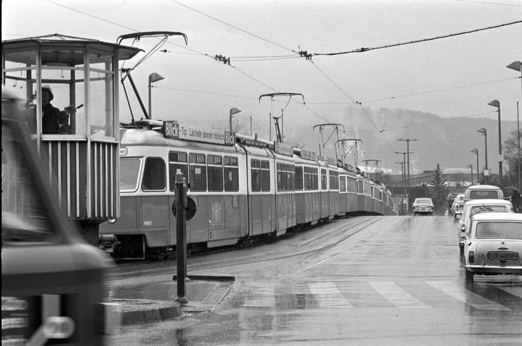 Tramway traffic jam, Bellevue in Zurich 1970