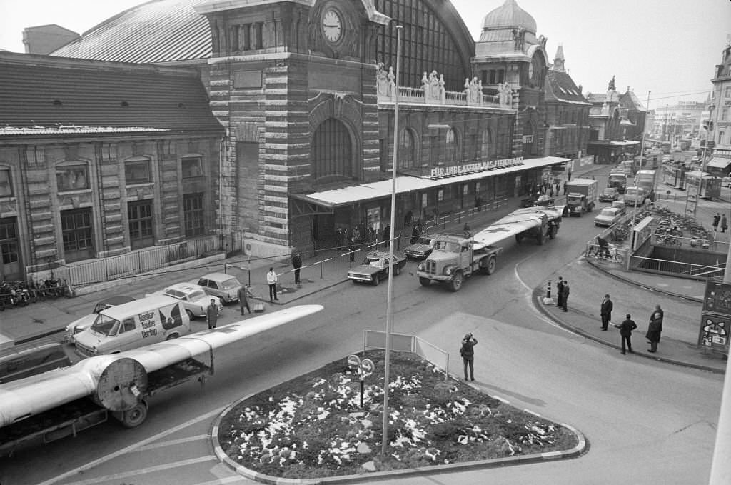 Aicraft in single part being trasported in Basle, 1970