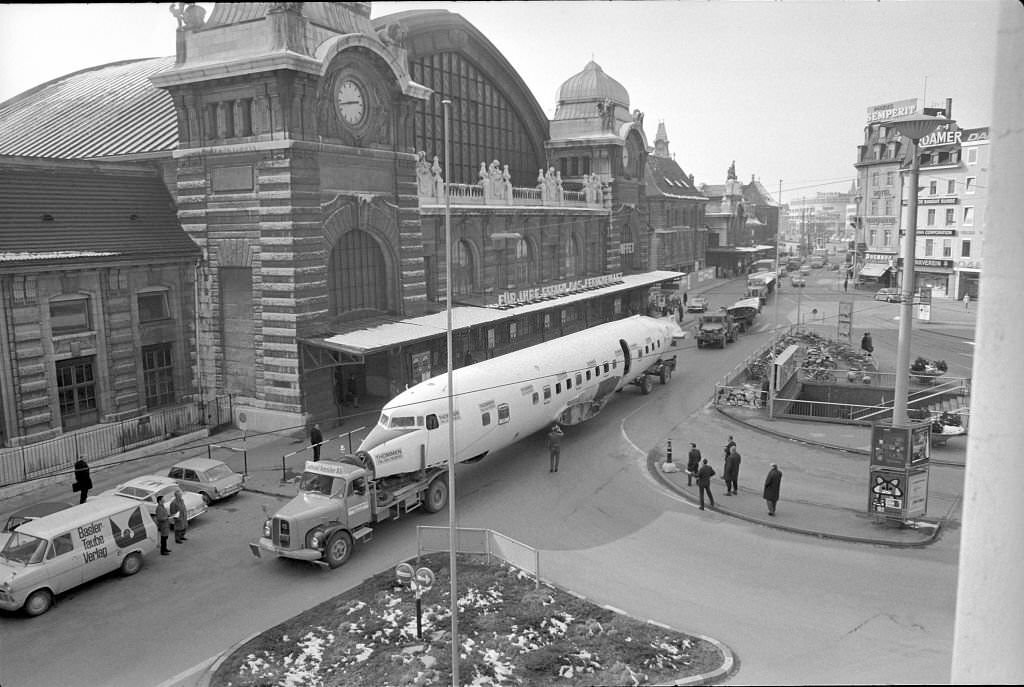 Aicraft in single part being trasported in Basle, 1970