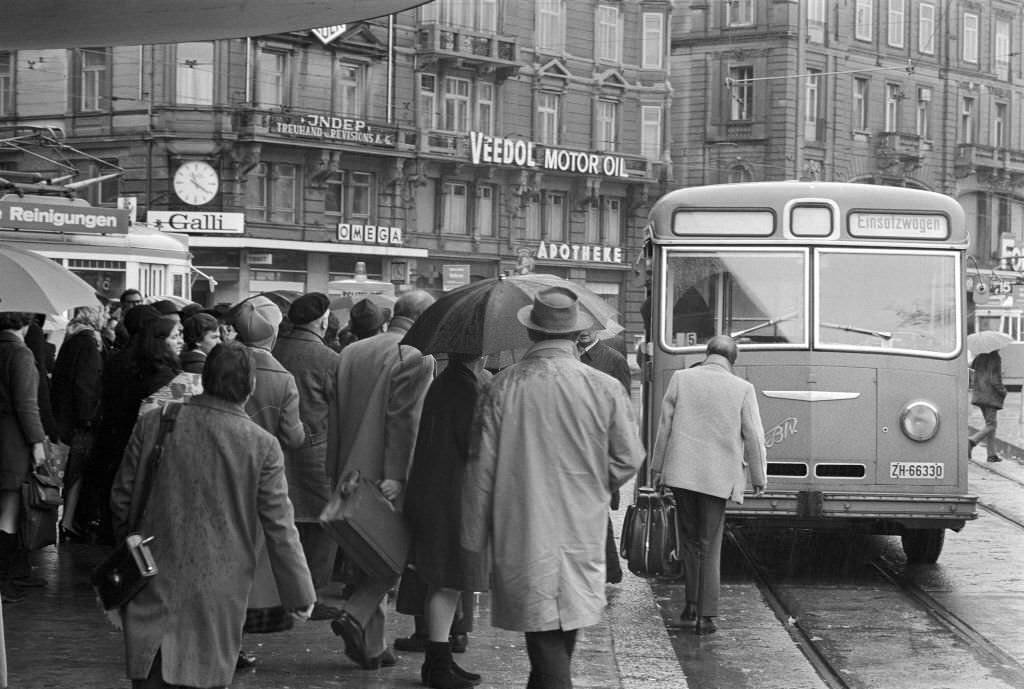 Tramway traffic jam in Zurich 1970