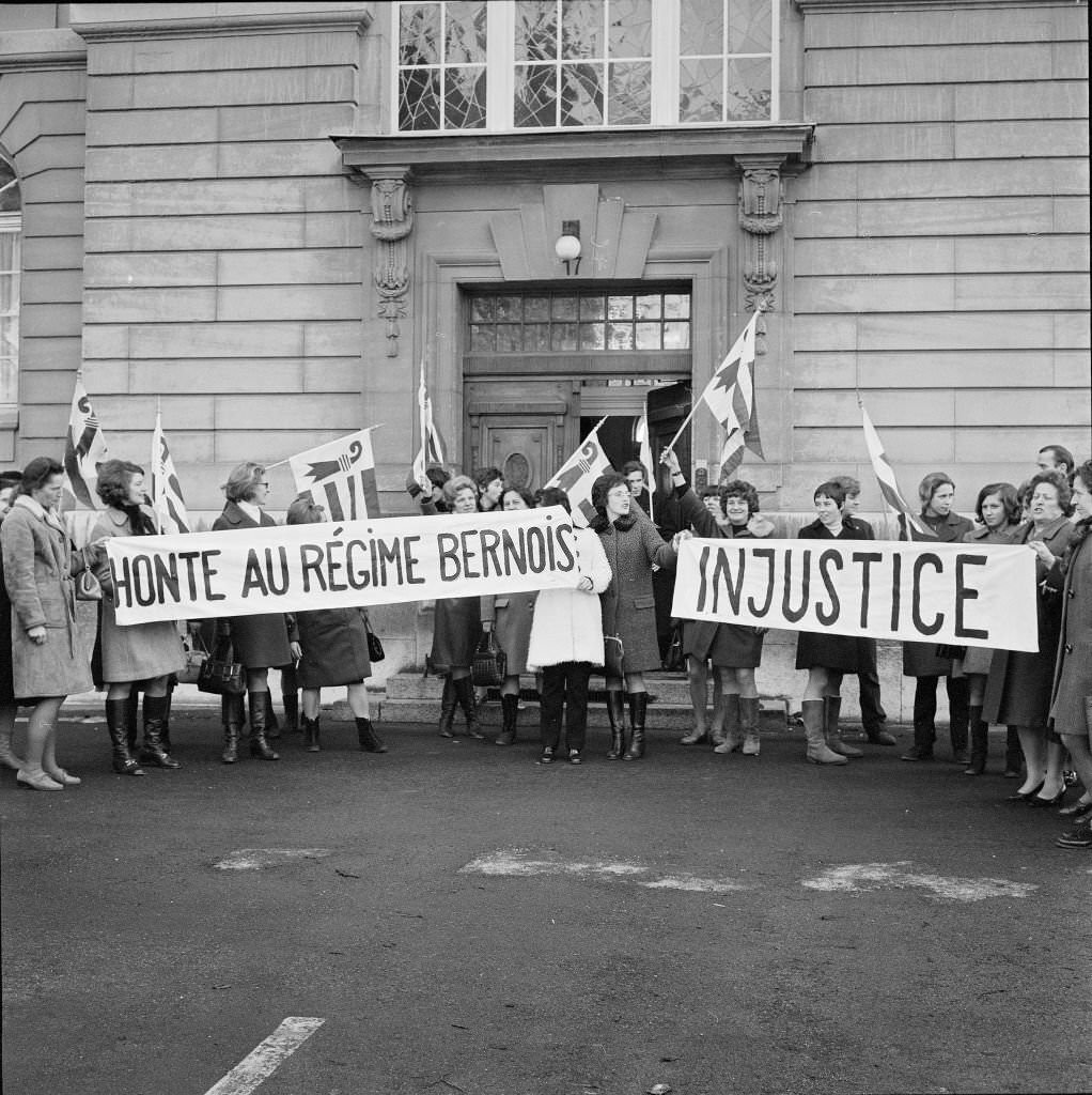 Separatist group of women from Jura protesting in front of cantonal high court, Berne, 1970
