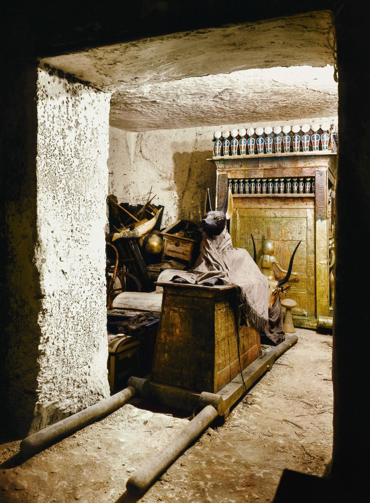The Anubis shrine (Carter no. 261) on the threshold of the Treasury viewed from the Burial Chamber.
