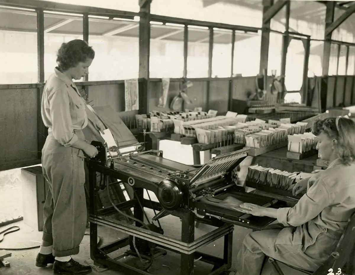 On this machine, the letters are folded to correct size for insertion into V-Mail envelops, an operation which requires about eight minutes per roll.