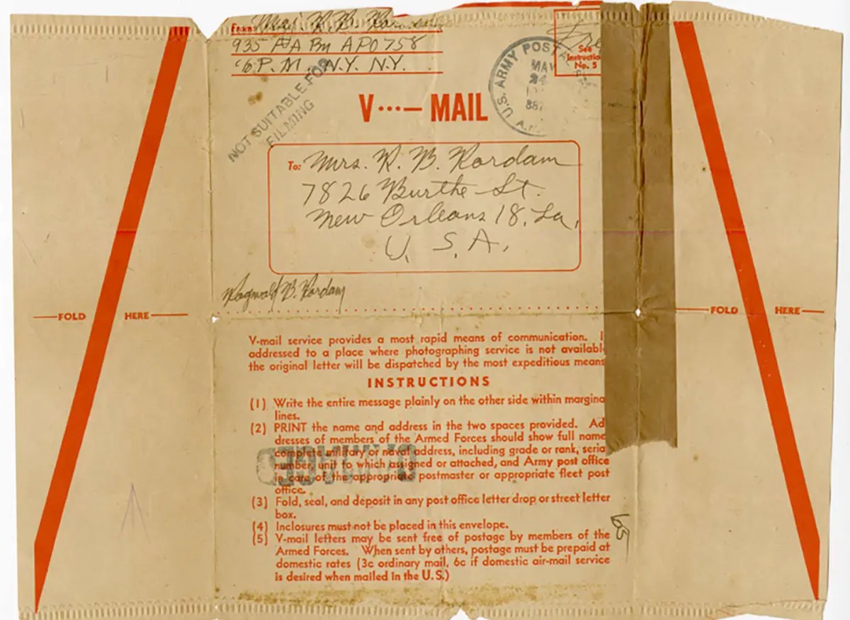 Heavily damaged, thus un-processed V-mail. (Photo gifted to National WW2 Museum in Memory of Col. R. B. Rordam).