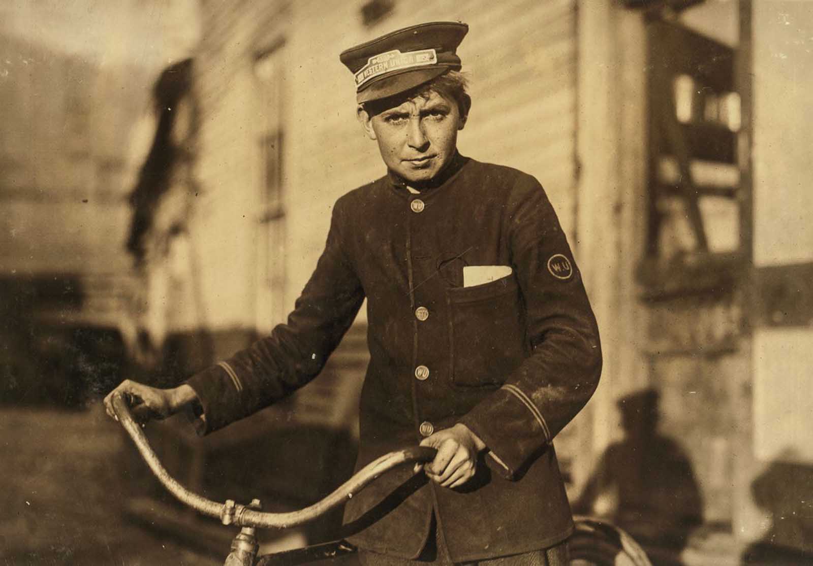 Fourteen year old Western Union Messenger #43. Works until 10:30 P.M. Goes to Reservation some. Location: Houston, Texas”, October, 1913.