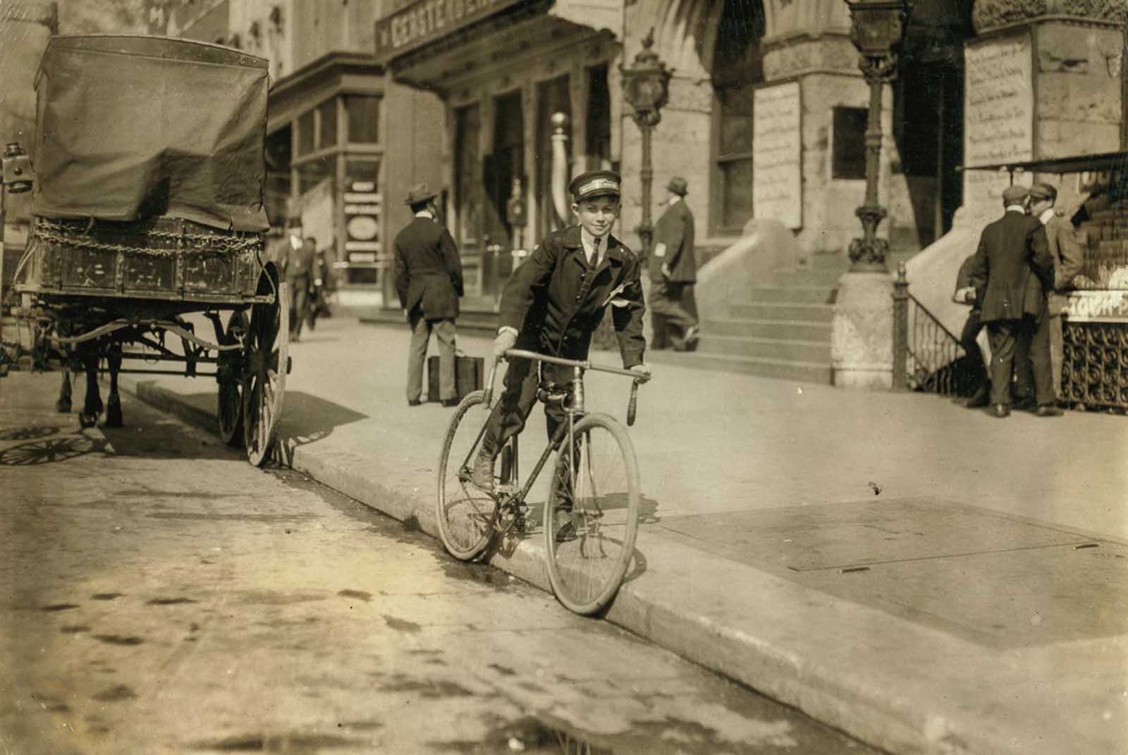 Wilbur H. Woodward, Washington, D.C., Western Union messenger 236, one of the youngsters on the border-line, (15 yrs. old) works until 8 P.M. only”. April, 1912.