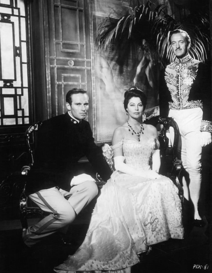 Charlton Heston, Ava Gardner and David Niven in publicity portrait for the film '55 Days At Peking', 1963.