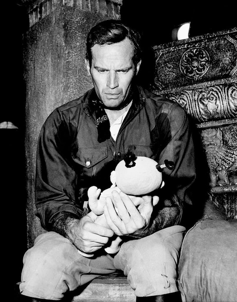 Charlton Heston on location in Madrid for the movie '55 days of Peking ', 1963,