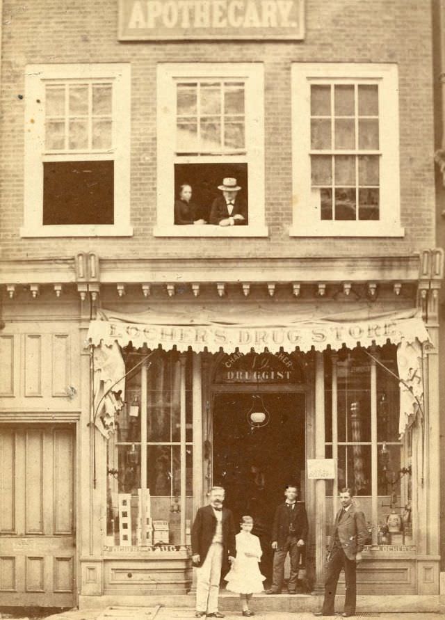 People outside Locher's Drug Store, Philadelphia, PA, 1880s
