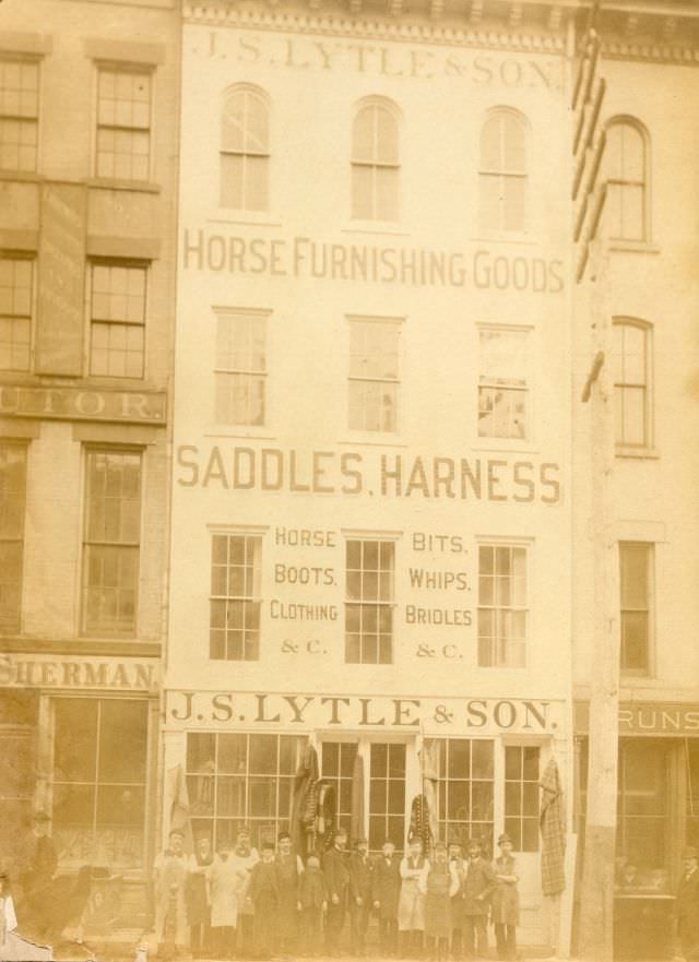 Exterior of J.S. Lytle & Son's horse furnishing goods store, 1870s
