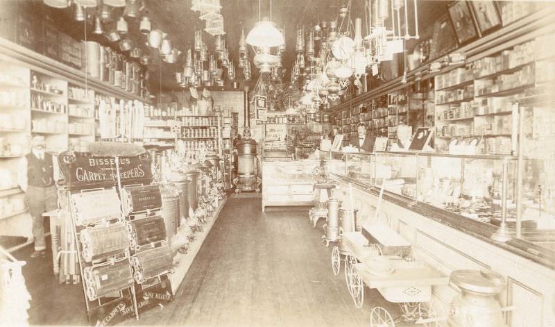 Interior of hardware store, 1890s