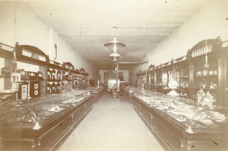 Interior of Herman Lemp's jewelry and watch store, 1890s
