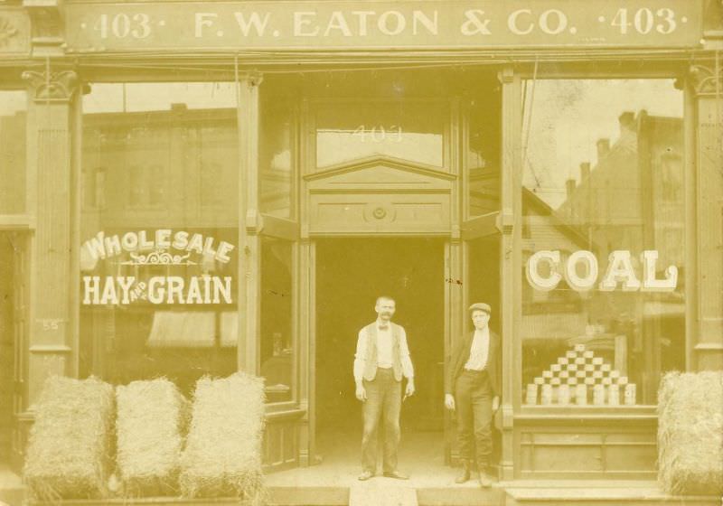 Exterior of F.W. Eaton & Co. Hay, Grain, & Coal store, 1880s