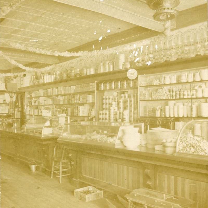 Interior of James Heaney's grocery store, 1880s