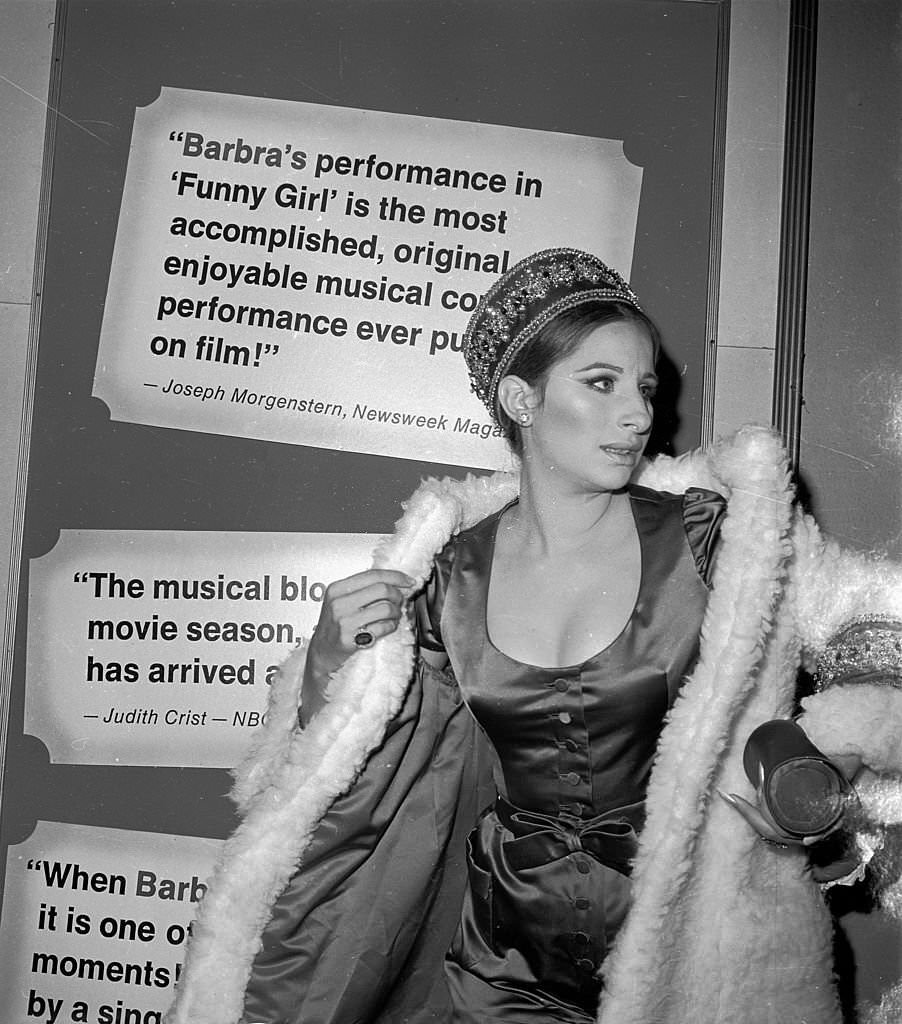 Barbra Streisand at the premiere of her film 'Funny Girl', 1968.