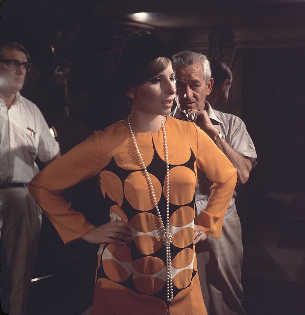 Barbra Streisand on the set of the movie 'Funny Girl' with director William Wyler, 1968.