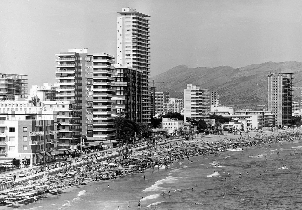 The new high rise holiday hotels and beach at Benidorm, 1960s