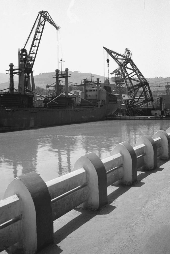 River "Ria del Nervion" and port, Bilbao, Vizcaya, Spain, 1967.