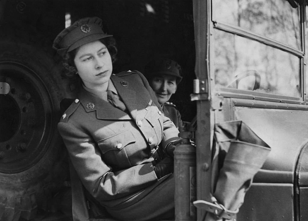 Princess Elizabeth (now Queen Elizabeth II) driving an ambulance during her wartime service in the A.T.S. (Auxiliary Territorial Service), 10th April 1945.