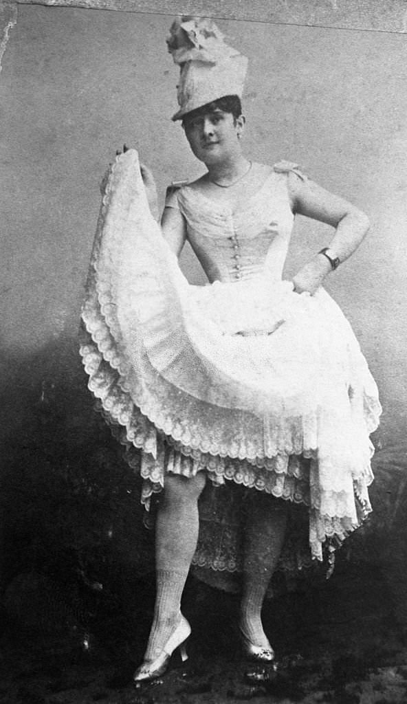 A dancer of the "can-can" at the old days at the old Bal Tabarin in Paris, 1900