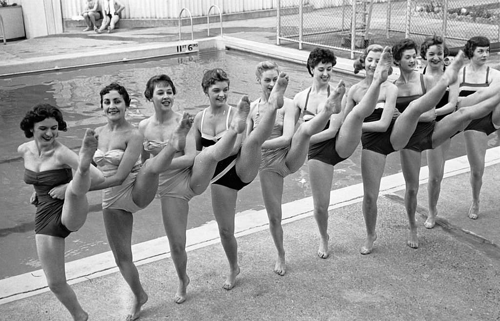 The TV Toppers performing the Can-Can at a rehearsal at the Oasis pool in Holborn, London, 1953.