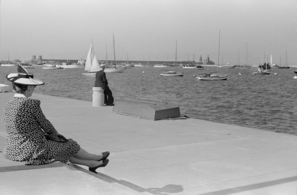 Man and Woman Sitting near Boat Basin, Lake Michigan, Chicago, July 1941