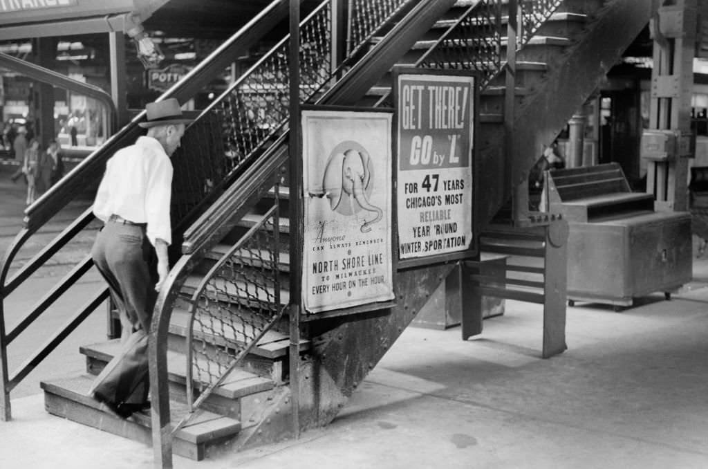 Man Walking up "L" Steps, Chicago, Illinois, July 1941