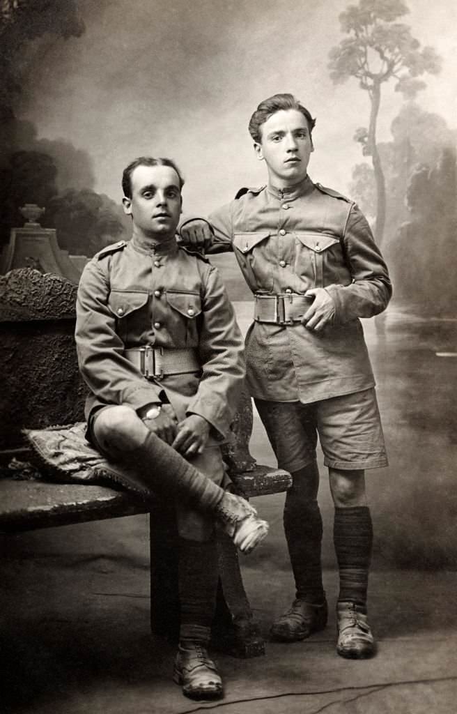A studio portrait featuring two British soldiers in Egypt during World War One, 1917.